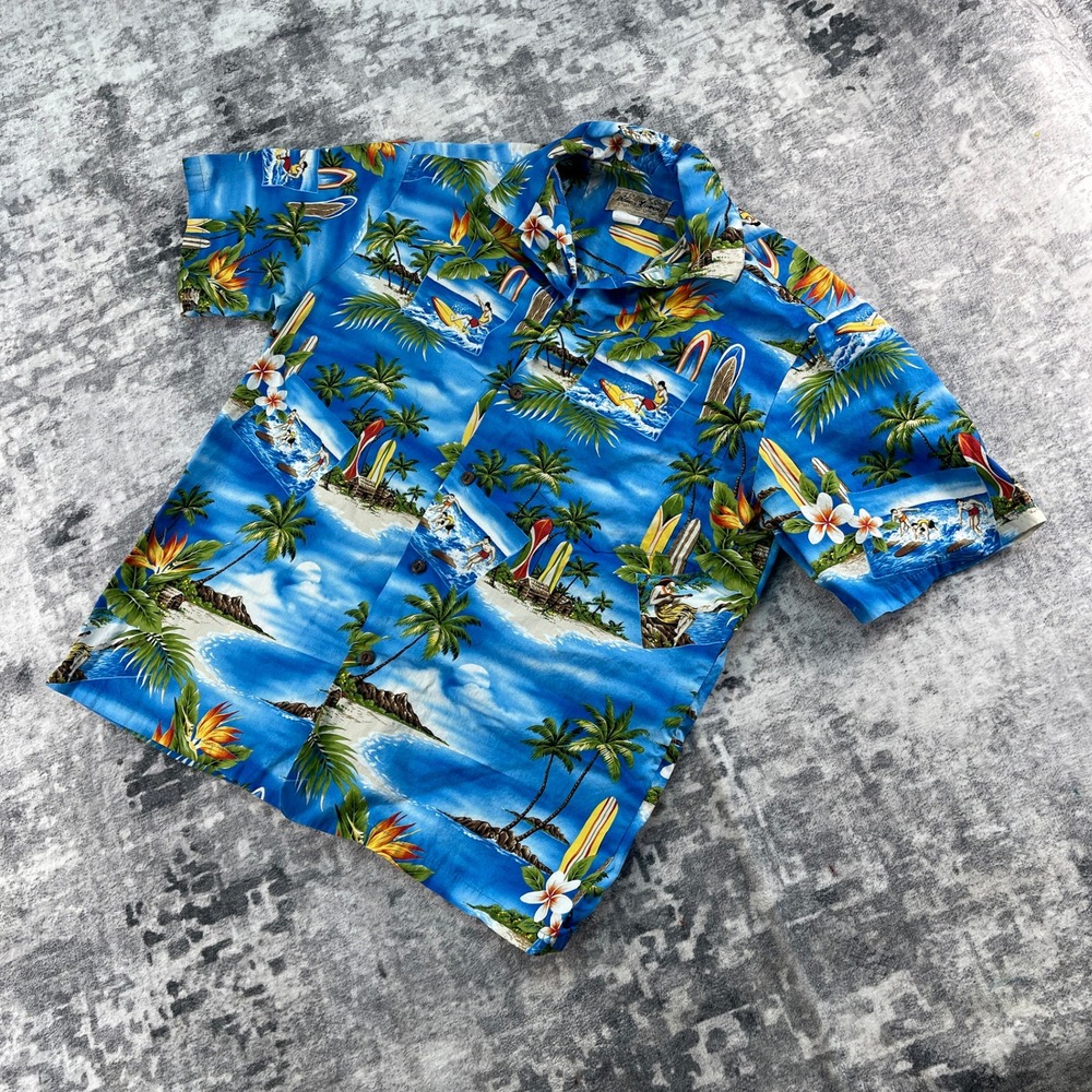 Blue Hawaii Men Medium Blue Cotton Hawaiian Shirt Surfing‎ Beach Tropical Scenic